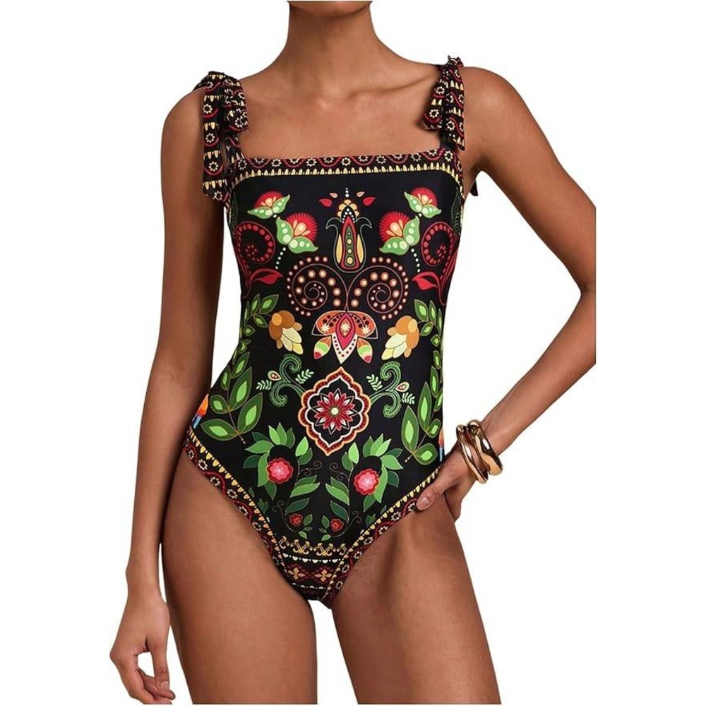 MSRP $31 WDIRARA Women's M Boho Floral Print One Piece Swimsuit Tie Shoulder
